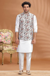 Pearl White Silk Kurta Pajama with Embroidered Jacket